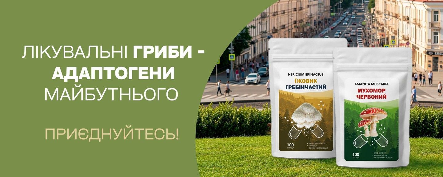 Банер ЛІКУВАЛЬНІ ГРИБИ – АДАПТОГЕНИ МАЙБУТНЬОГО. 
