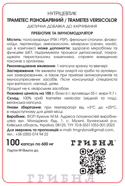 Траметес різнобарвний, 600мг, 100vcaps K000304 фото